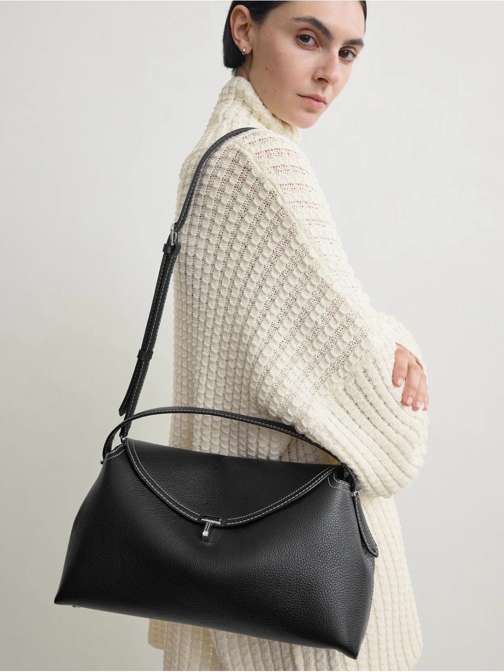 Toteme T-Lock Grained Leather Top Handle Black